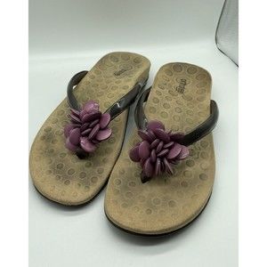 Orthaheel FLEUR Brown Patent Thong Flip Flop Sandals Purple Flower Size 8